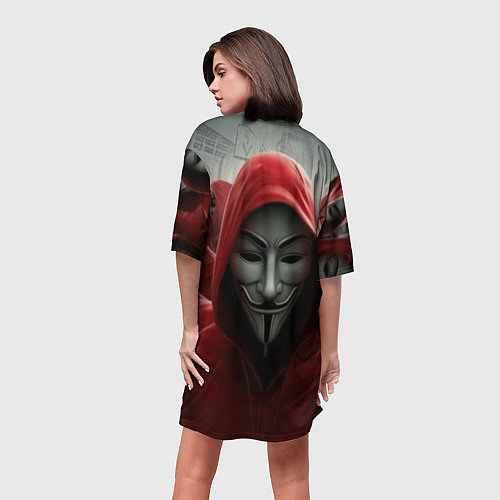Женская длинная футболка Анонимусы в красных капюшонах / 3D-принт – фото 4