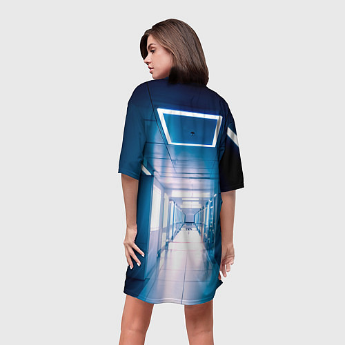 Женская длинная футболка Девушка биоробот на космической станции / 3D-принт – фото 4