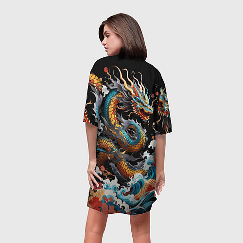 Женская длинная футболка Дракон на волнах в японском стиле арт / 3D-принт – фото 4