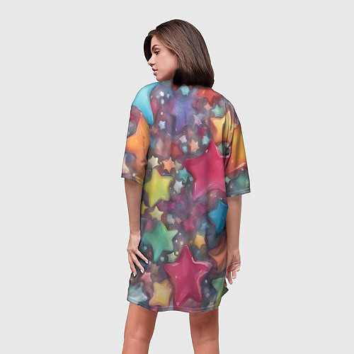 Женская длинная футболка Разноцветные новогодние звёзды / 3D-принт – фото 4