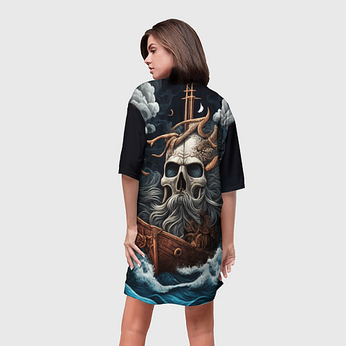 Женская длинная футболка Тату ирезуми черепа пирата на корабле в шторм / 3D-принт – фото 4