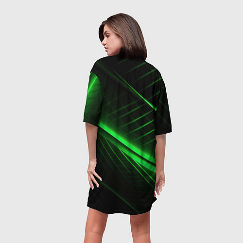 Женская длинная футболка Зеленые полосы на черном фоне / 3D-принт – фото 4