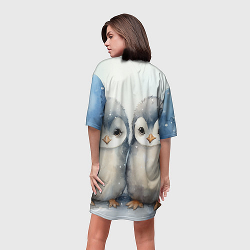 Женская длинная футболка Милые пингвины акварель / 3D-принт – фото 4