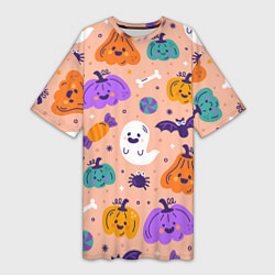 Женская длинная футболка Halloween - pumpkins and ghosts