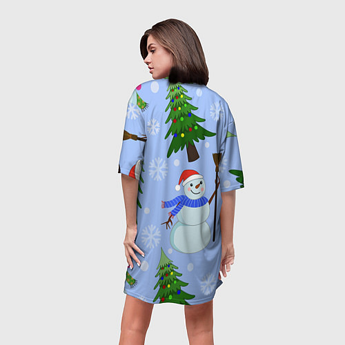 Женская длинная футболка Снеговики с новогодними елками паттерн / 3D-принт – фото 4