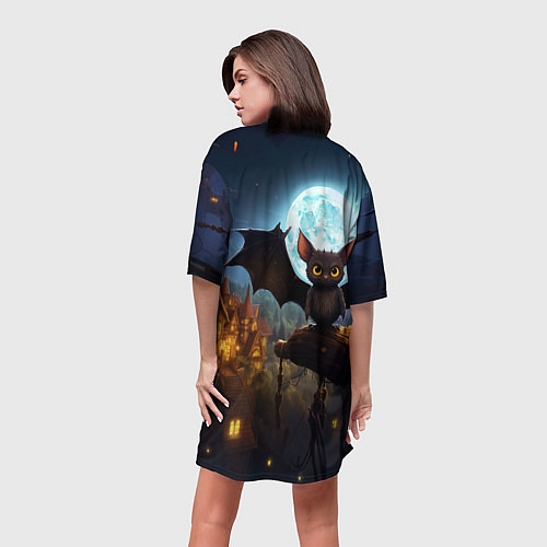 Женская длинная футболка Летучая мышка на фоне луны и замка / 3D-принт – фото 4