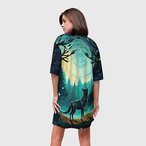 Женская длинная футболка Волк в ночном лесу фолк-арт / 3D-принт – фото 4
