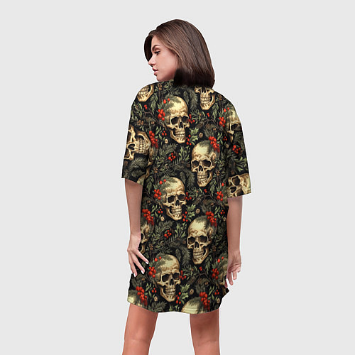 Женская длинная футболка Череп рябина шишки и хвойные ветки / 3D-принт – фото 4