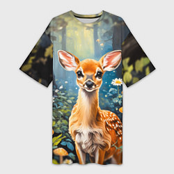 Женская длинная футболка Олененок в волшебном лесу