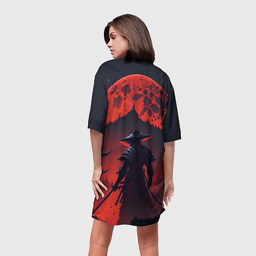 Женская длинная футболка Samurai and red moon - нейросеть / 3D-принт – фото 4