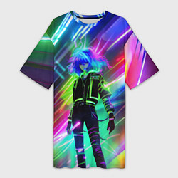 Женская длинная футболка Неоновая девчонка - аниме - нейросеть