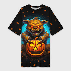 Женская длинная футболка Halloween - страшный медведь с тыквой