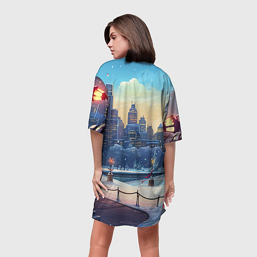Женская длинная футболка Зимний большой город / 3D-принт – фото 4