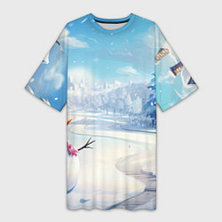 Женская длинная футболка Новогодний пейзаж снеговик