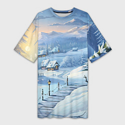 Женская длинная футболка Новогодний дворик со снеговиком