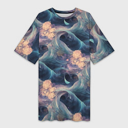 Футболка женская длинная Волнообразная фрактальная абстракция, цвет: 3D-принт