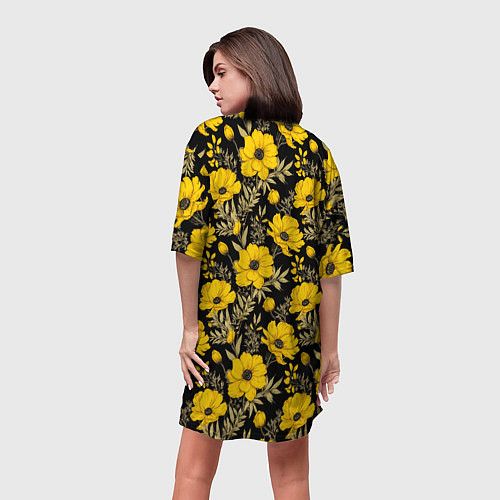 Женская длинная футболка Желтые цветы на черном фоне паттерн / 3D-принт – фото 4