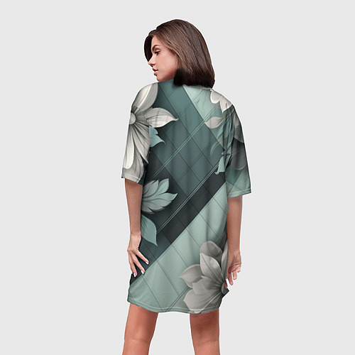 Женская длинная футболка Мятная клетка и цветы / 3D-принт – фото 4