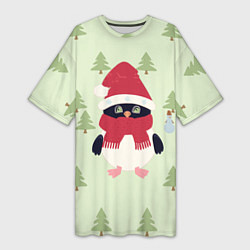 Женская длинная футболка Пингвин в лесу со снеговиком
