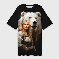 Женская длинная футболка Славянка с большим белым медведем