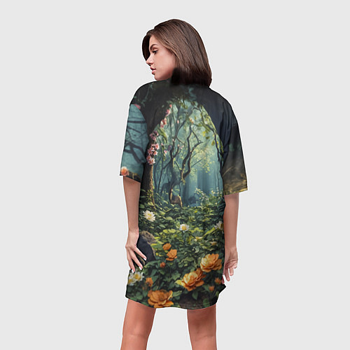 Женская длинная футболка Лисица в лесу в цветах / 3D-принт – фото 4