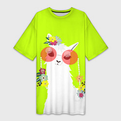 Женская длинная футболка Лама - альпака в розовых очках