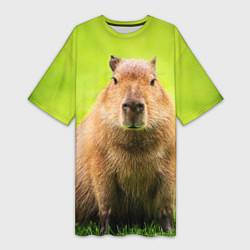 Футболка женская длинная Capybara on green grass, цвет: 3D-принт