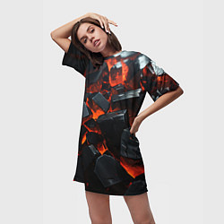 Футболка женская длинная Черные камни с красным свечением, цвет: 3D-принт — фото 2