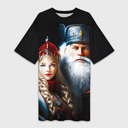 Женская длинная футболка Дед Мороз и Снегурочка в русских нарядах