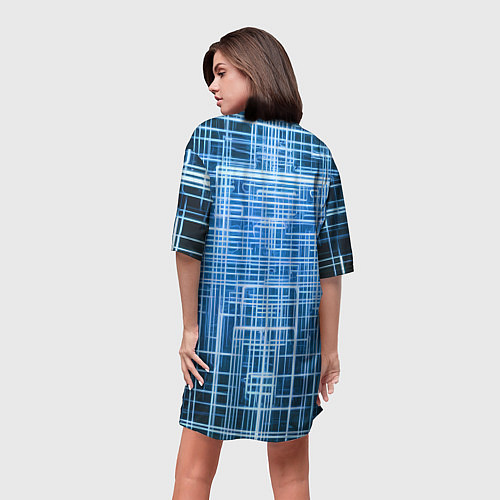 Женская длинная футболка Синие неоновые полосы киберпанк / 3D-принт – фото 4