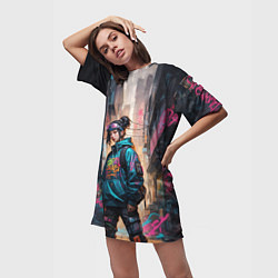 Футболка женская длинная Японская девушка в худи, цвет: 3D-принт — фото 2