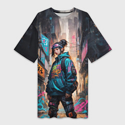 Женская длинная футболка Японская девушка в худи