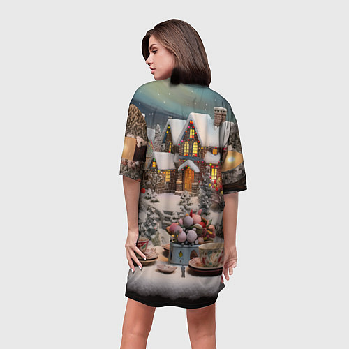 Женская длинная футболка Объемные новогодние домики / 3D-принт – фото 4