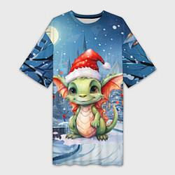 Женская длинная футболка Дракон зимний праздник