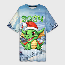 Женская длинная футболка Милый зеленый дракончик 2024