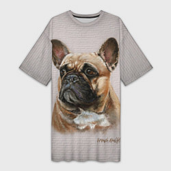 Женская длинная футболка Французский палевый бульдог на кирпичной стене