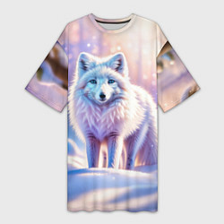 Женская длинная футболка Заснеженный зимний пейзаж с песцом