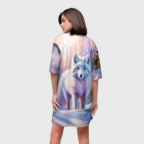 Женская длинная футболка Заснеженный зимний пейзаж с песцом / 3D-принт – фото 4