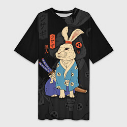Женская длинная футболка Заяц японский самурай