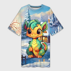 Женская длинная футболка Крошечный дракон зимы 2024