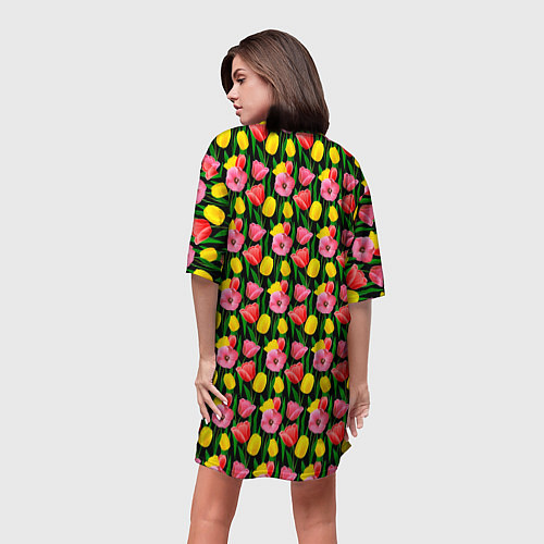 Женская длинная футболка Разноцветные тюльпаны / 3D-принт – фото 4