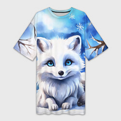 Женская длинная футболка Портрет мультяшного песца акварель