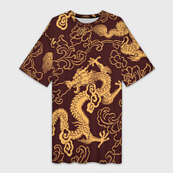 Женская длинная футболка Черно-золотая гравюра дракона