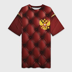Футболка женская длинная Золотой герб России на красном кожаном фоне, цвет: 3D-принт