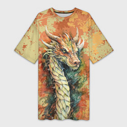 Женская длинная футболка Зеленый древесный дракон с листьями