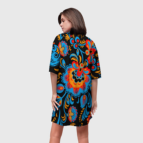 Женская длинная футболка Хохломская роспись разноцветные цветы на чёроном ф / 3D-принт – фото 4