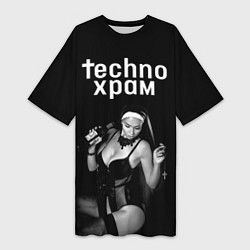 Женская длинная футболка Techno храм монашка с бутылкой