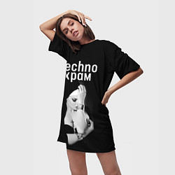 Футболка женская длинная Techno храм монашка с золотыми браслетами, цвет: 3D-принт — фото 2