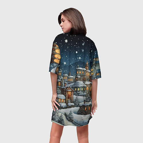 Женская длинная футболка Новогодний городок ночной / 3D-принт – фото 4