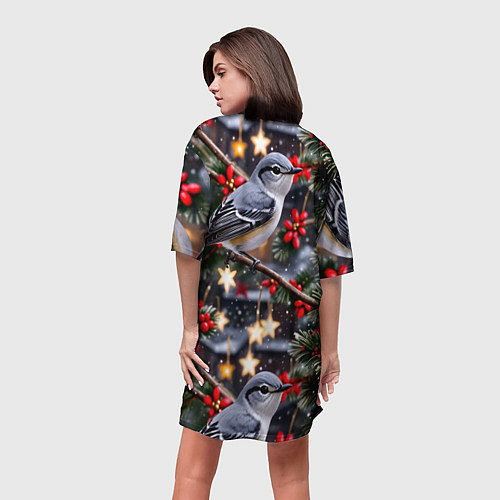 Женская длинная футболка Рождественская птица пересмешник / 3D-принт – фото 4